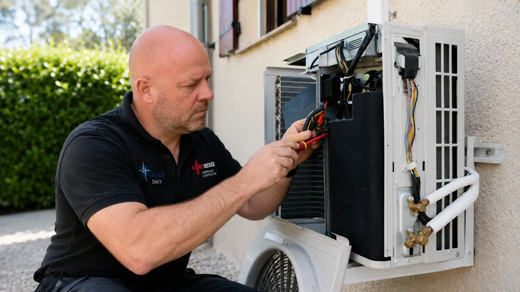 Davy servicing an outdoor air conditioning unit