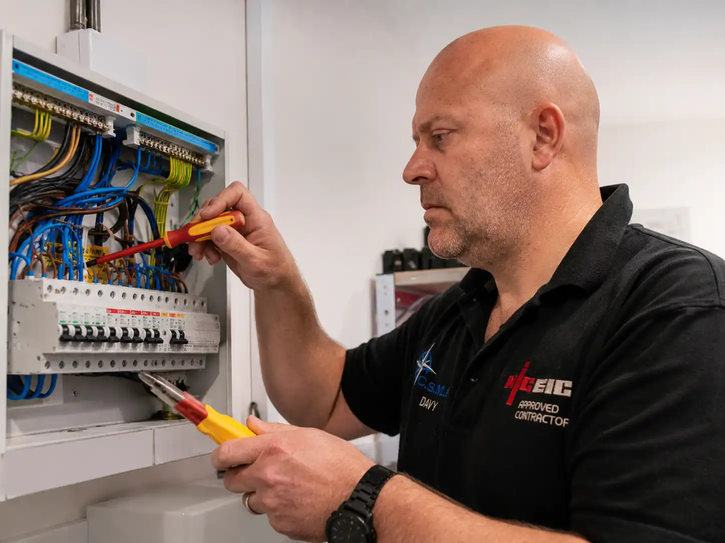 Davy working on a commercial electrical distribution board
