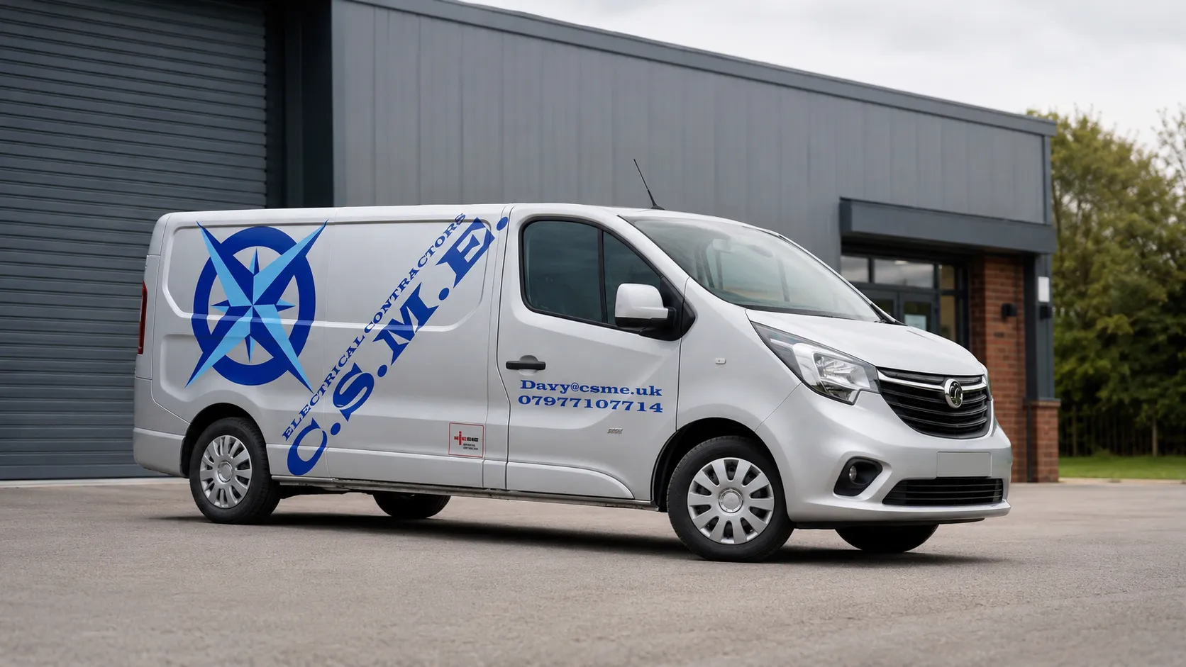 Branded C.S.M.E van parked outside a modern industrial unit